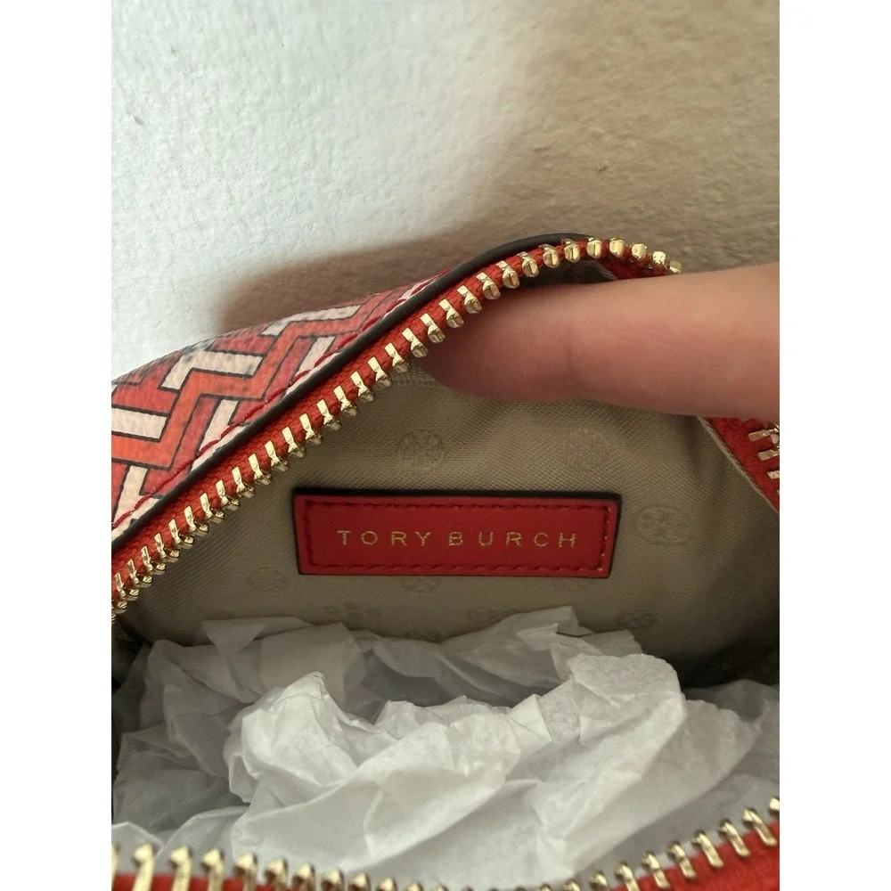 TORY BURCH Red Chevron Oval Makeup Cosmetics Bag Pouch Case 6x4x3.5